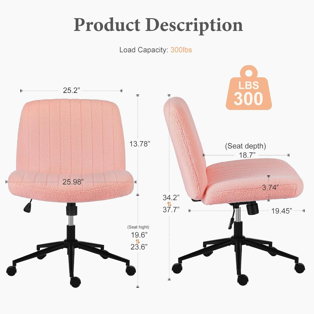 NEWBULIG Armless Office Desk Chair,Criss Cross Legged and Wide Padded Seat with Wheels, Adjustable Height and Tilted Angles,Swivel Rolling Task Vanity Chair for Bedroom,Peach Pink