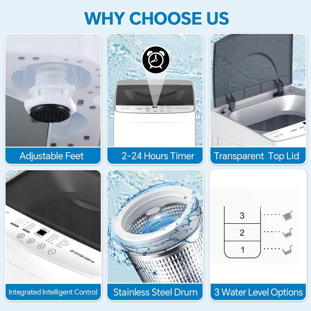 Portable Washing Machine, 7.7 lbs Full-Automatic Compact Laundry Washer, Stainless Steel Drum, 10 Wash Cycles, Auto-Balance Detection, LED Display, Mini Washer for Home, Apartment, Dorm, White