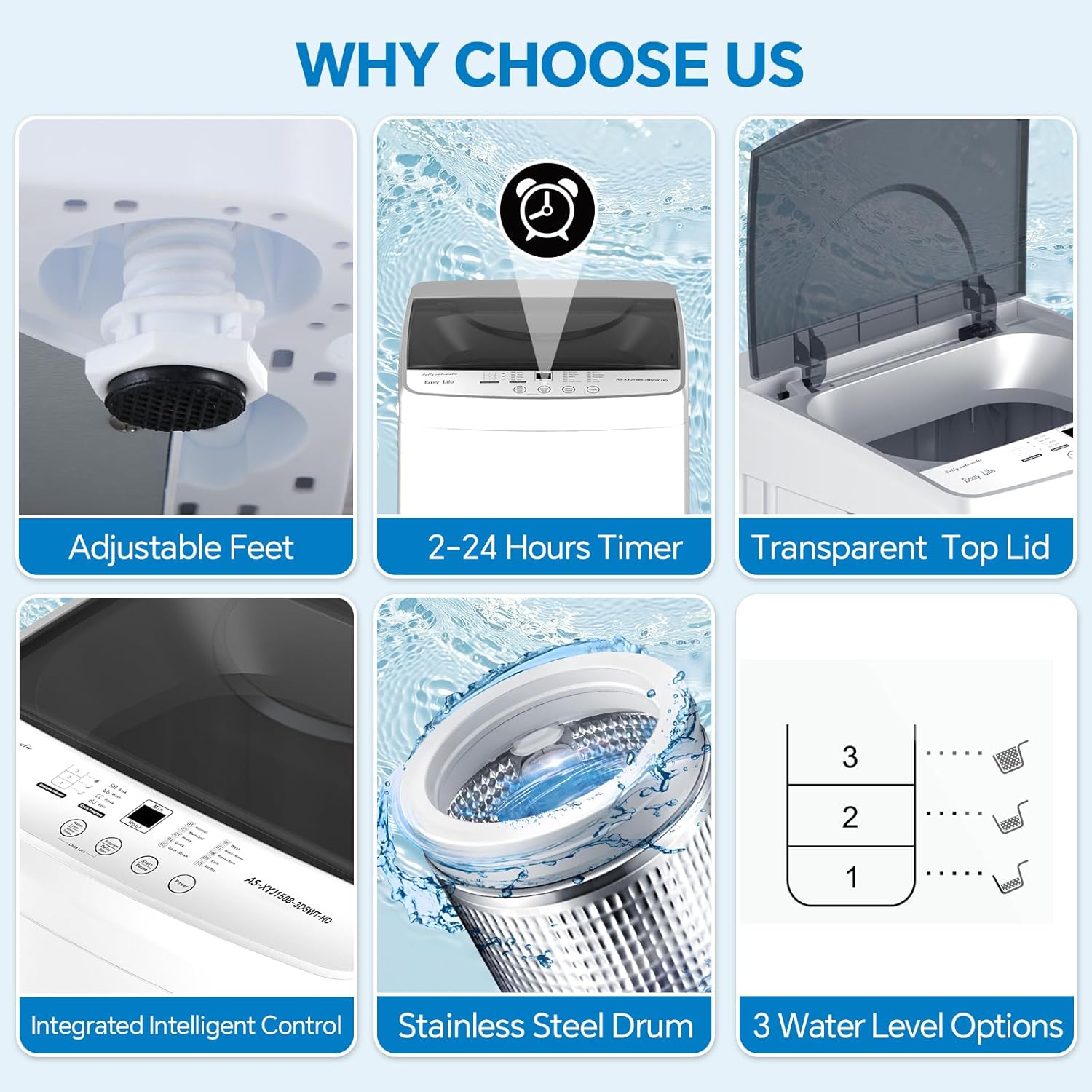 Portable Washing Machine, 7.7 lbs Full-Automatic Compact Laundry Washer, Stainless Steel Drum, 10 Wash Cycles, Auto-Balance Detection, LED Display, Mini Washer for Home, Apartment, Dorm, White