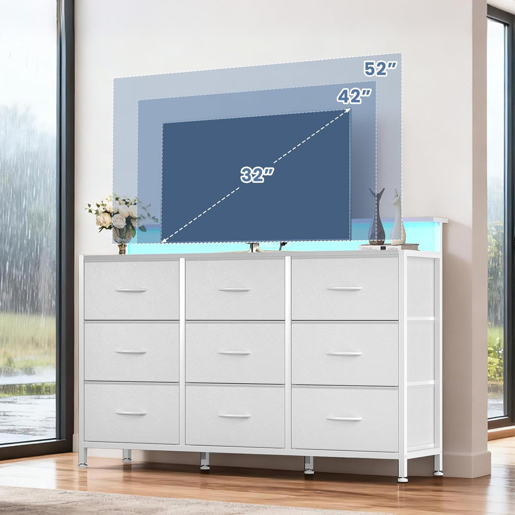 TV Stand Dresser with 9 Fabric Drawers and Open Shelves, Entertainment Center with LED Lights, Charging Station for Bedroom, Wood Top Media Console for 45-55 inch TV Stand with Storage, White