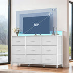 TV Stand Dresser with 9 Fabric Drawers and Open Shelves, Entertainment Center with LED Lights, Charging Station for Bedroom, Wood Top Media Console for 45-55 inch TV Stand with Storage, White