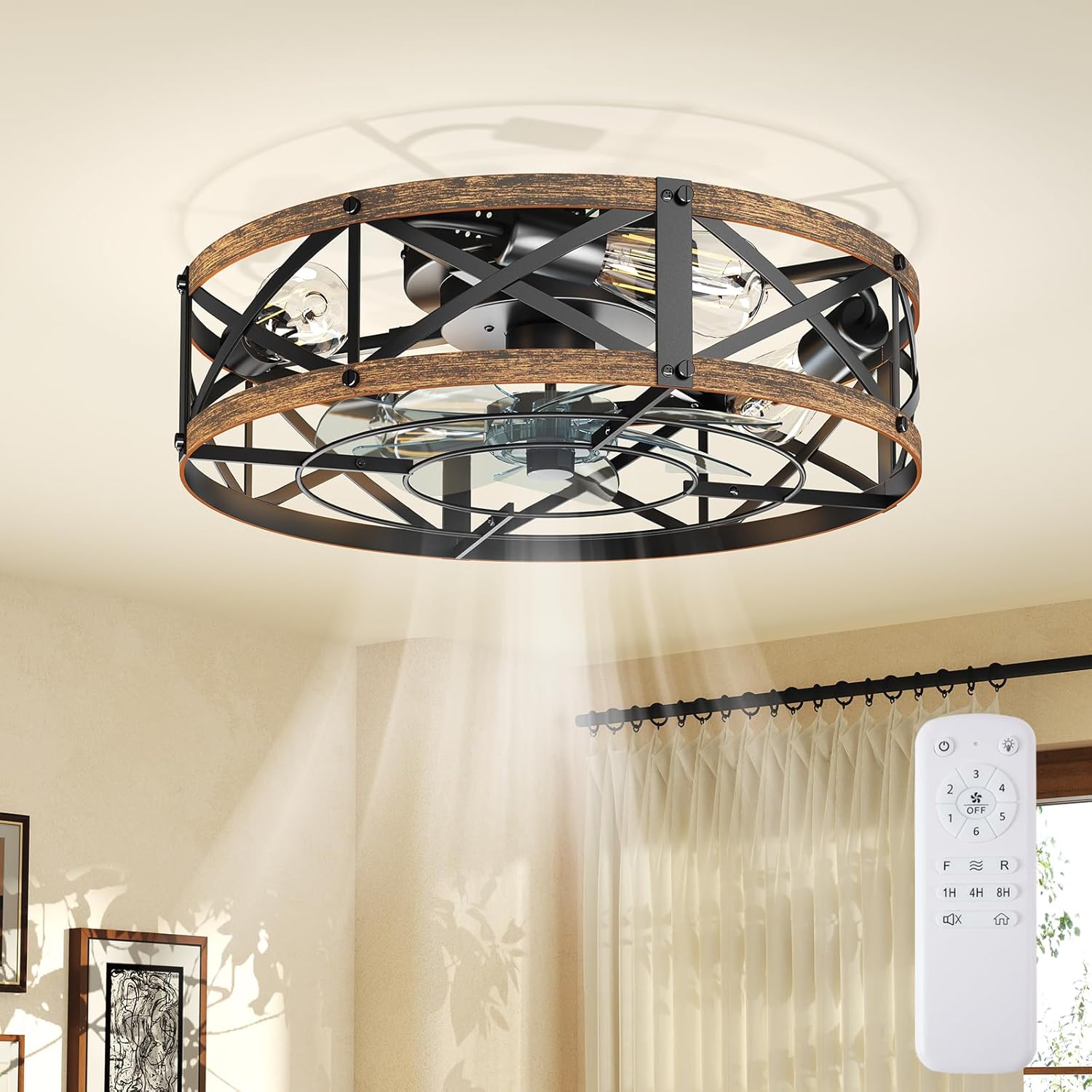 Ceiling Fans with Remote, Farmhouse Ceiling Fan, 19 Inch Low Profile Caged Fandelier, Flush Mount with 6 Wind Speeds, for Bedroom, Kitchen, Living Room, Bulbs Not Included, Black