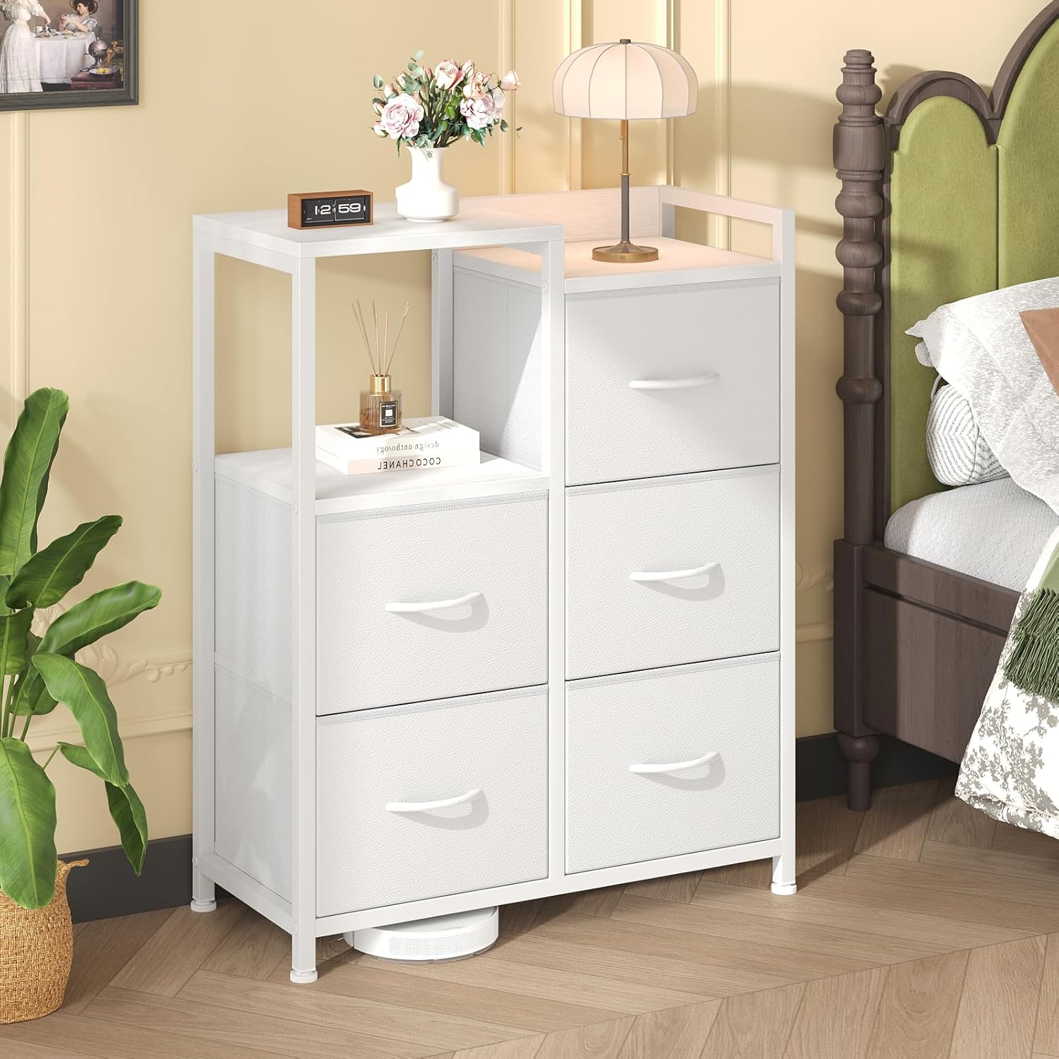 5 Drawer Fabric Dresser with Side Cabinet & Open Shelf, Storage Organizer Tower with Raised Top, Chest of Drawers for Bedroom, Closet, Hallway, Entryway & Living Room, White