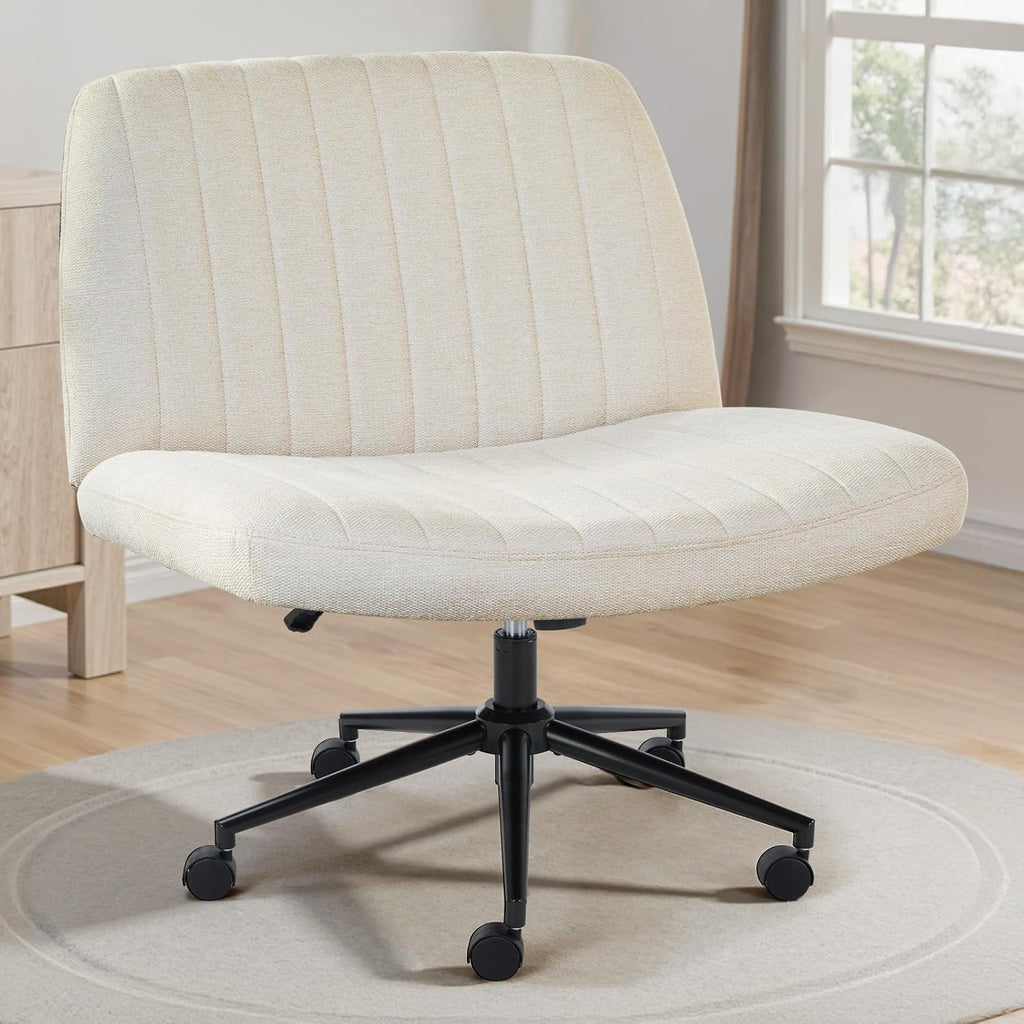 Criss Cross Chair with Wheels Wide Cross Legged Office Desk Vanity Chair Comfy Fabric Armless Adjustable Swivel for Home Computer Task PU Black