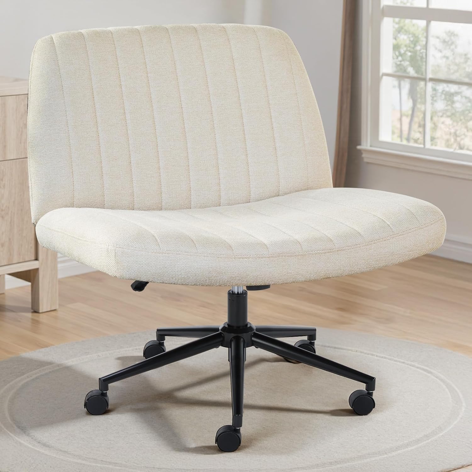 Criss Cross Chair with Wheels Wide Cross Legged Office Desk Vanity Chair Comfy Fabric Armless Adjustable Swivel for Home Computer Task PU Black