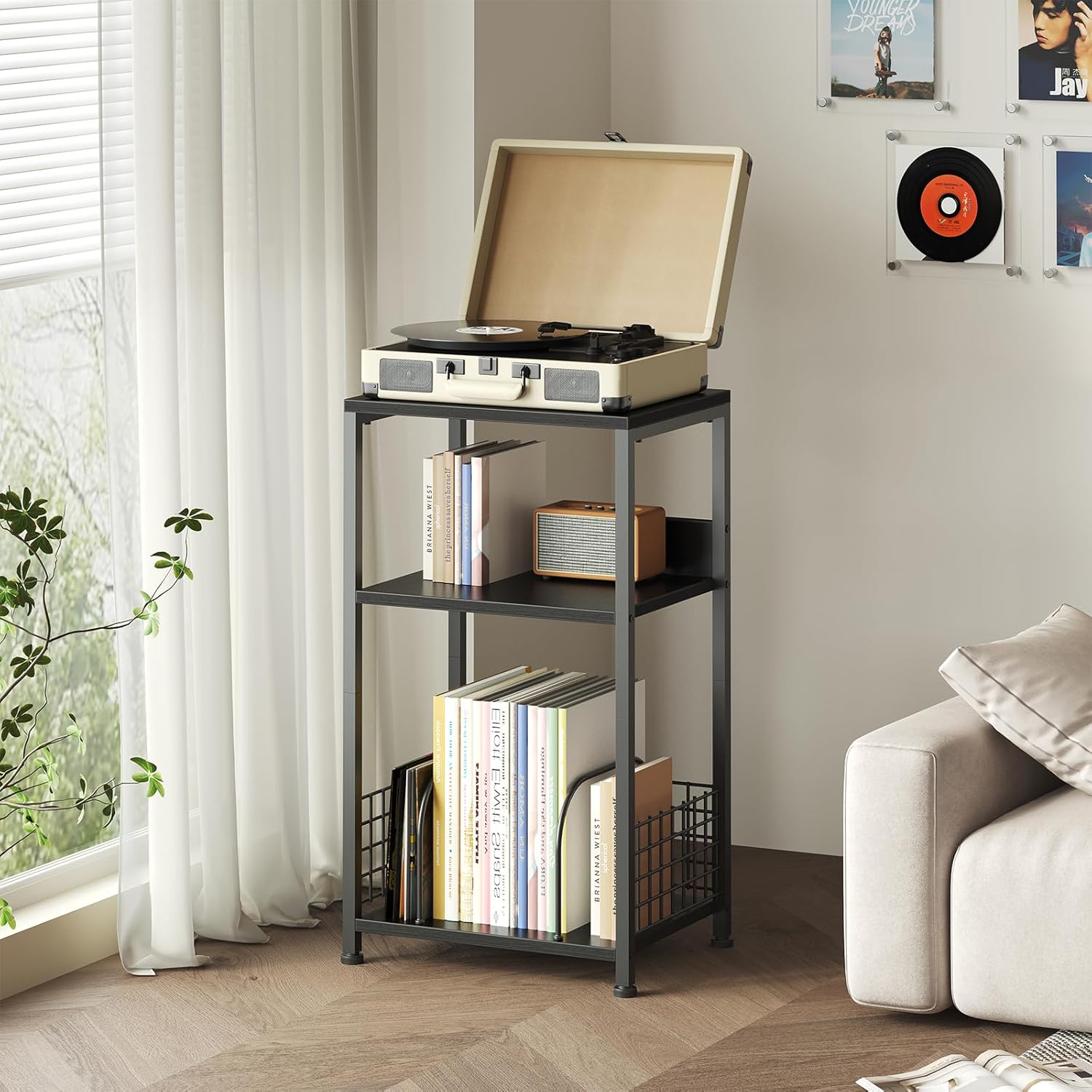 3 Tier Side Table, 2 Pack Record Player Stand with Storage Up to 100 Albums,Turntable Stand for Vinyl, Black Records Shelf for Living Room Bedroom