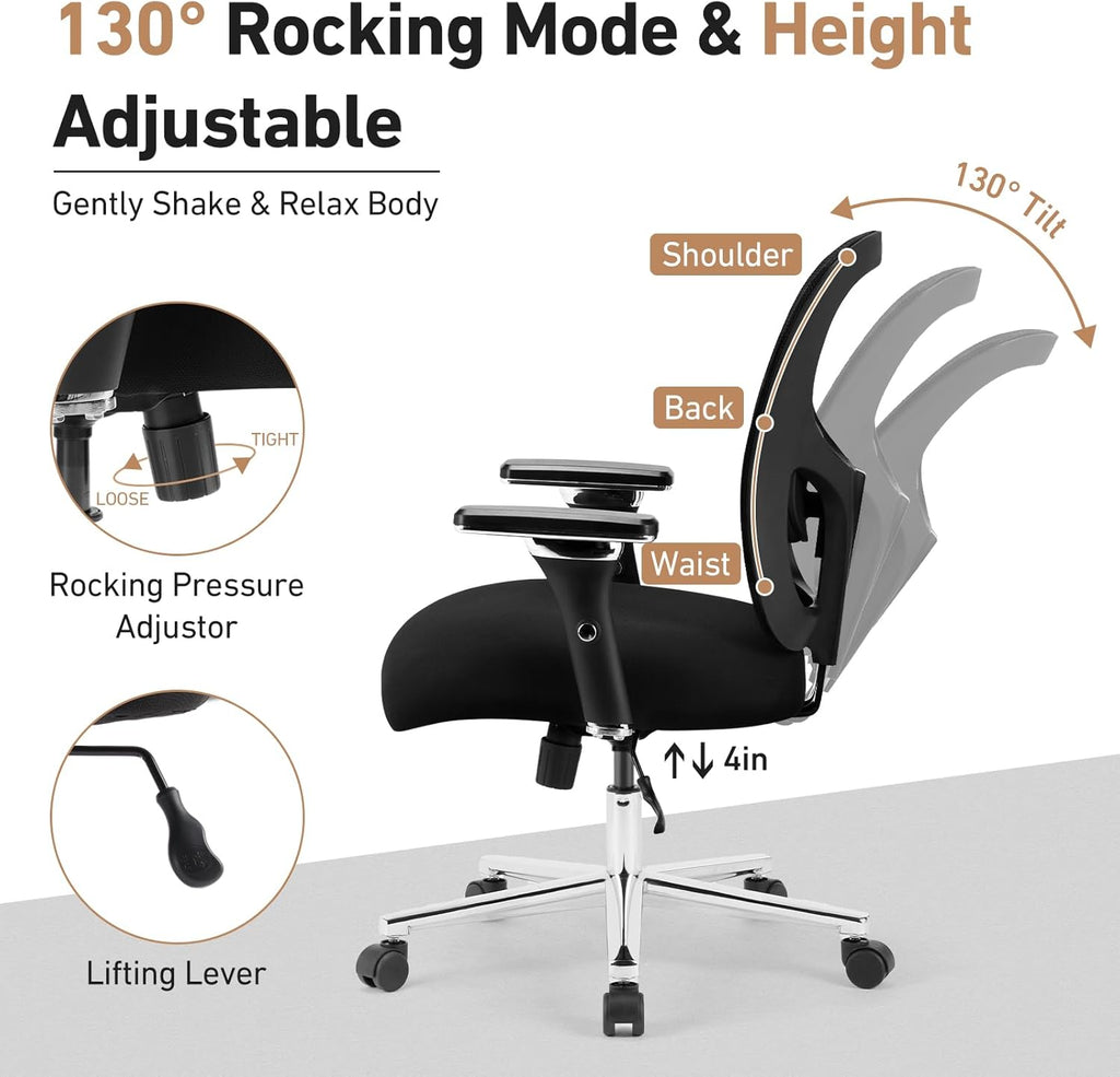 Ergonomic Home Office Desk Chair - Heavy Duty Mid Back with Lumbar Support & 4D Armrest, Height Adjustable Mesh Computer Gaming with Backrest & Swivel Wheels, Dark