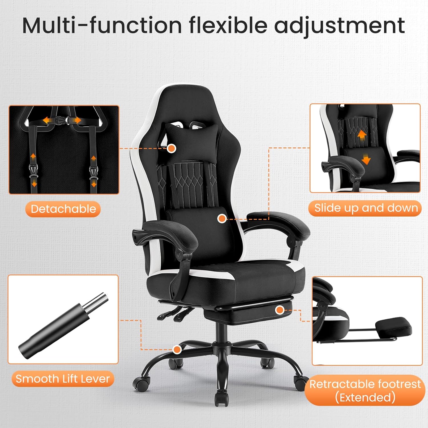 Computer Gaming Chair - Ergonomic Desk Chair with Footrest and Lumbar Support, High Back Height Adjustable Task Chair with Linkage Armrests and Headrest, 360?? Swivel Wheels, Black
