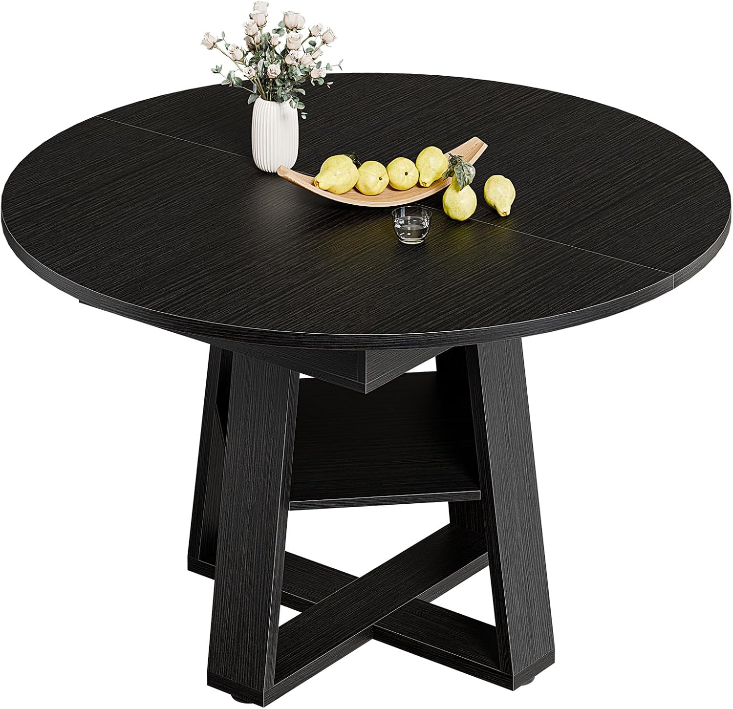 Extendable Round Dining Table for 4-8, Modern Kitchen Oval Dinner Table with Storage Shelf, Wood Pedestal Table, Space Saving Modern Style, Black