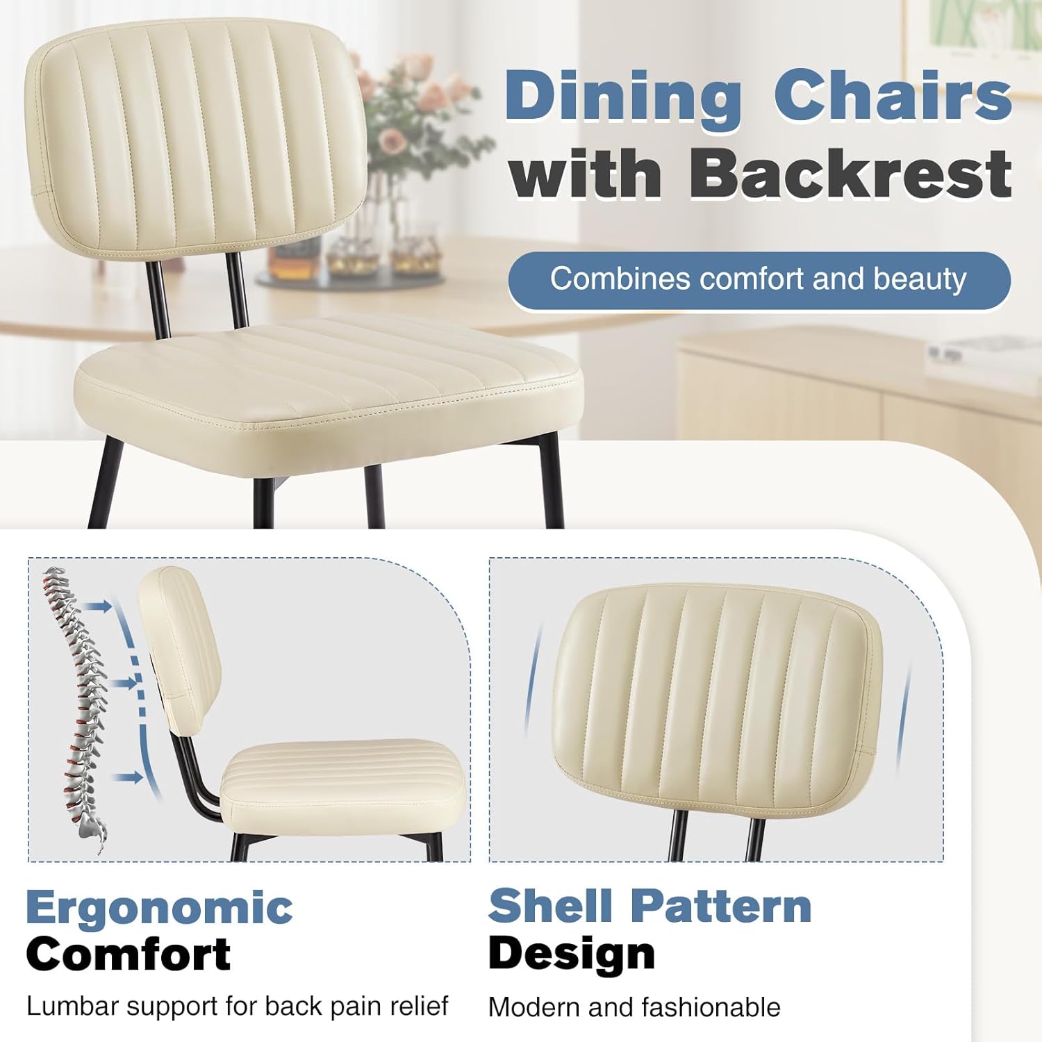 Dining Chairs Set of 6, Upholstered Mid-Century PU Leather Accent Chair with Backrest and Metal Legs for Kitchen, Living Room,Beige White