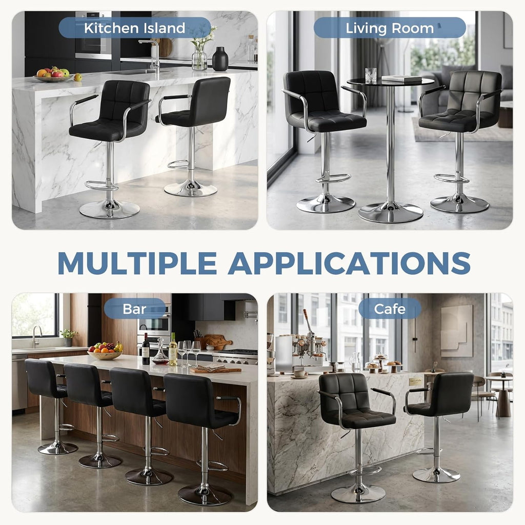 Bar Stools Set of 4, Adjustable Swivel Bar Chairs with Padded Armrests and Ergonomic Backrest for Kitchen Island Counter Pub Dining Room, Water-Resistant PU Leather, Black