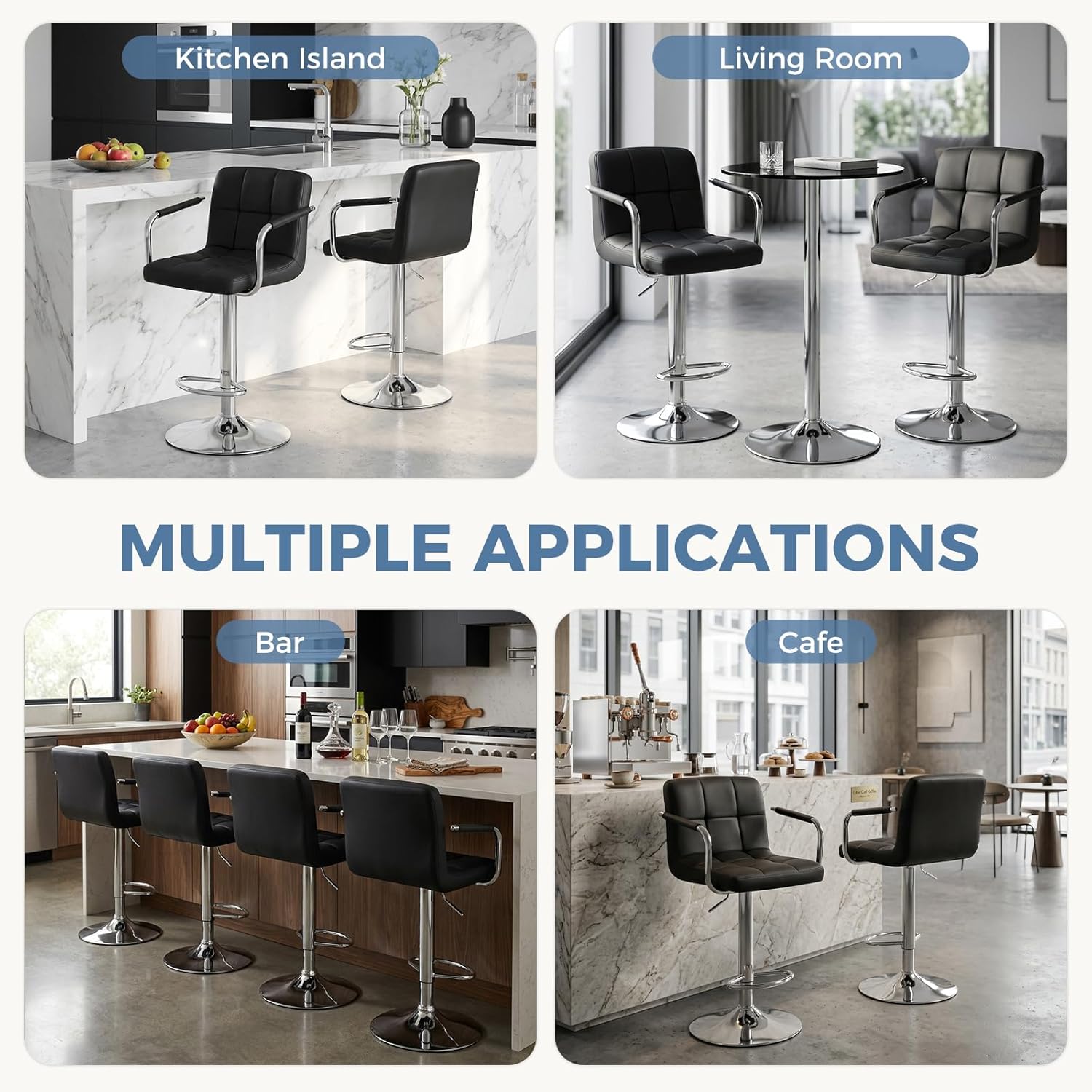 Bar Stools Set of 4, Adjustable Swivel Bar Chairs with Padded Armrests and Ergonomic Backrest for Kitchen Island Counter Pub Dining Room, Water-Resistant PU Leather, Black
