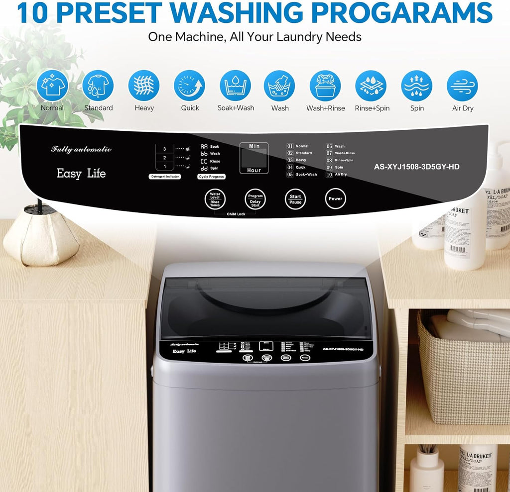Portable Washing Machine, 7.7 lbs Full-Automatic Compact Laundry Washer, Stainless Steel Drum, 10 Wash Cycles, Auto-Balance Detection, LED Display, Mini Washer for Home, Apartment, Dorm, Grey
