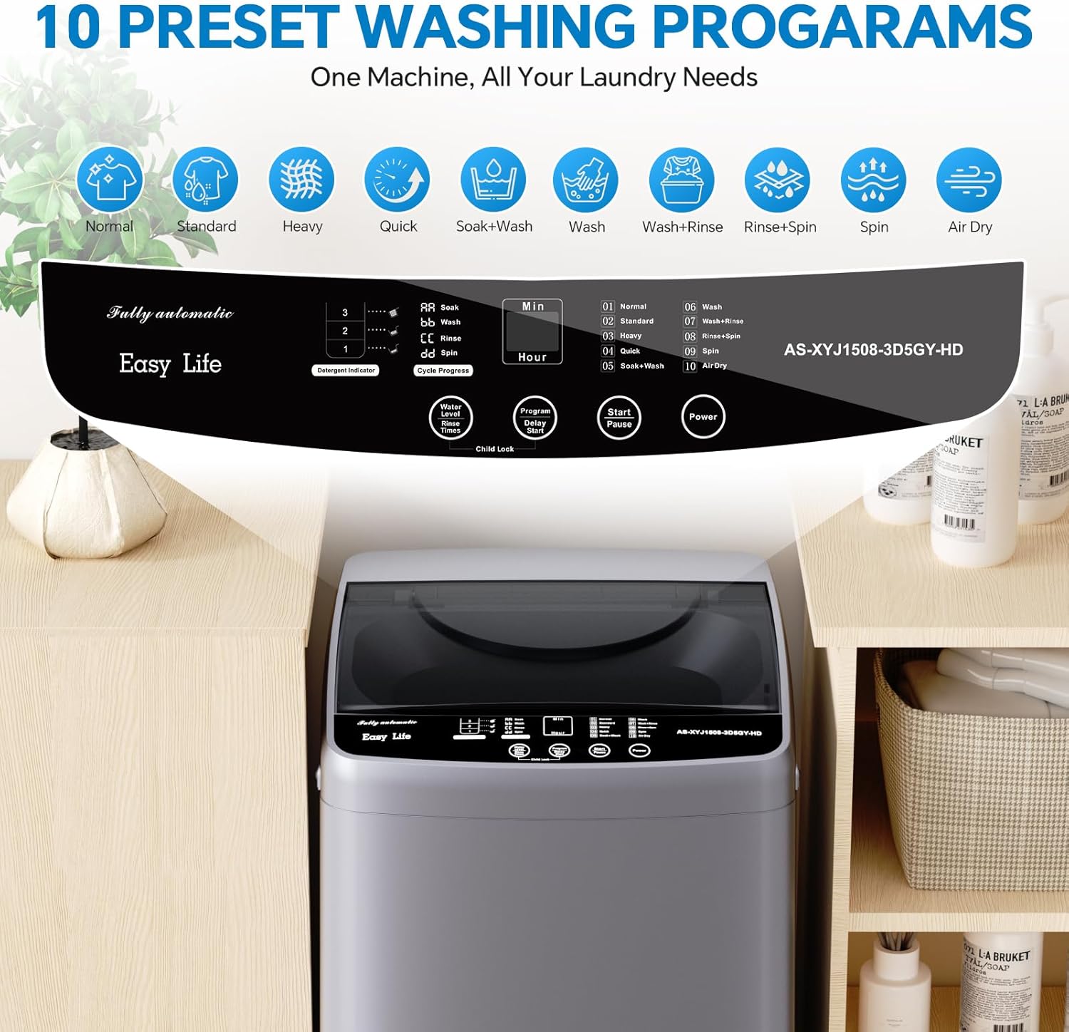 Portable Washing Machine, 7.7 lbs Full-Automatic Compact Laundry Washer, Stainless Steel Drum, 10 Wash Cycles, Auto-Balance Detection, LED Display, Mini Washer for Home, Apartment, Dorm, Grey