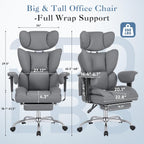 Big and Tall Home Office Desk Chair, Gaming Computer Chair, Executive Ergonomic Chair with Footrest, High Back Reclining, Adjustable Armrests and Comfy Lumbar Support, PU Leather, Grey