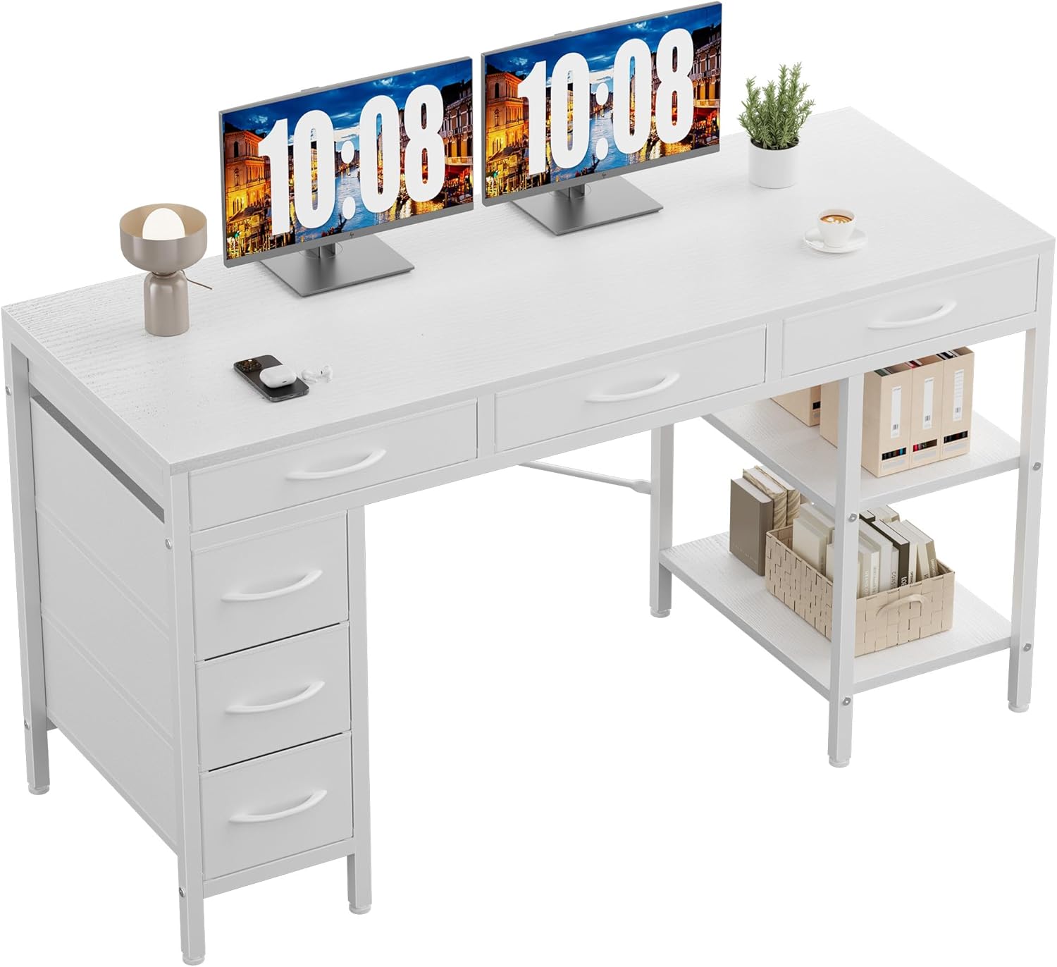 55 Computer Desk with 6 Drawers, Home Office Gaming Desks with Storage Shelves for Bedroom, Writing Study Corner Living Room Work Table Rustic Brown