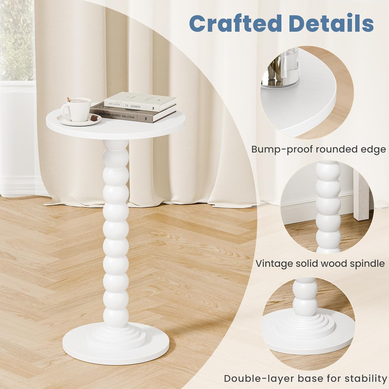 Round Side Table for Small Spaces, Modern Accent End Table with Solid White Leg, Versatile Drink Table for Living Room, Bedroom, Corners, White 2 Pack