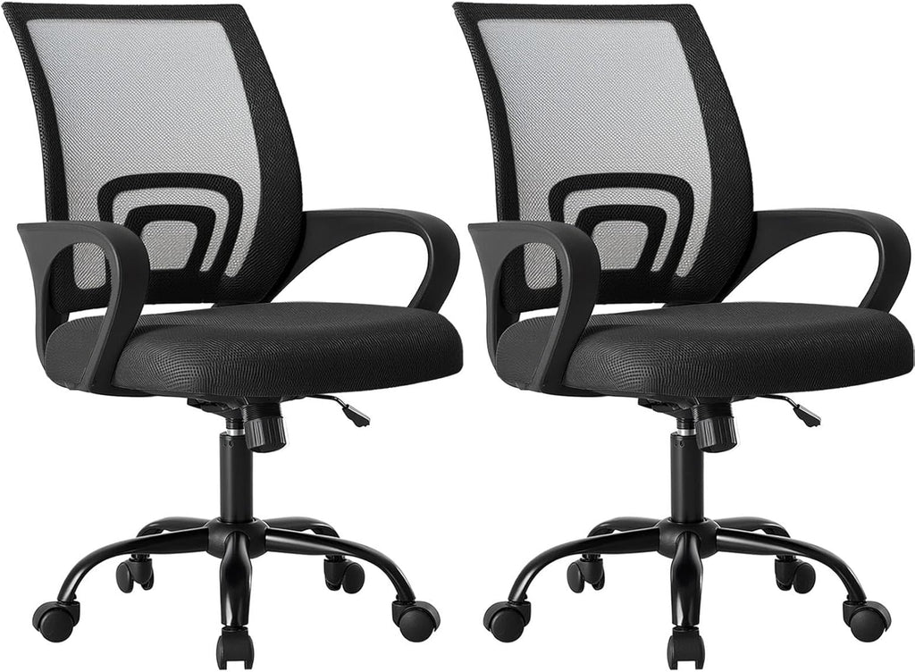 Office Desk Chair - Ergonomic Mid Back with Lumbar Support & Rocking Mode, Height Adjustable with Fixed Armrest, for Home, Computer, Gaming, Conference, Meeting Room, 360?? Swivel, Grey, 2 Pack