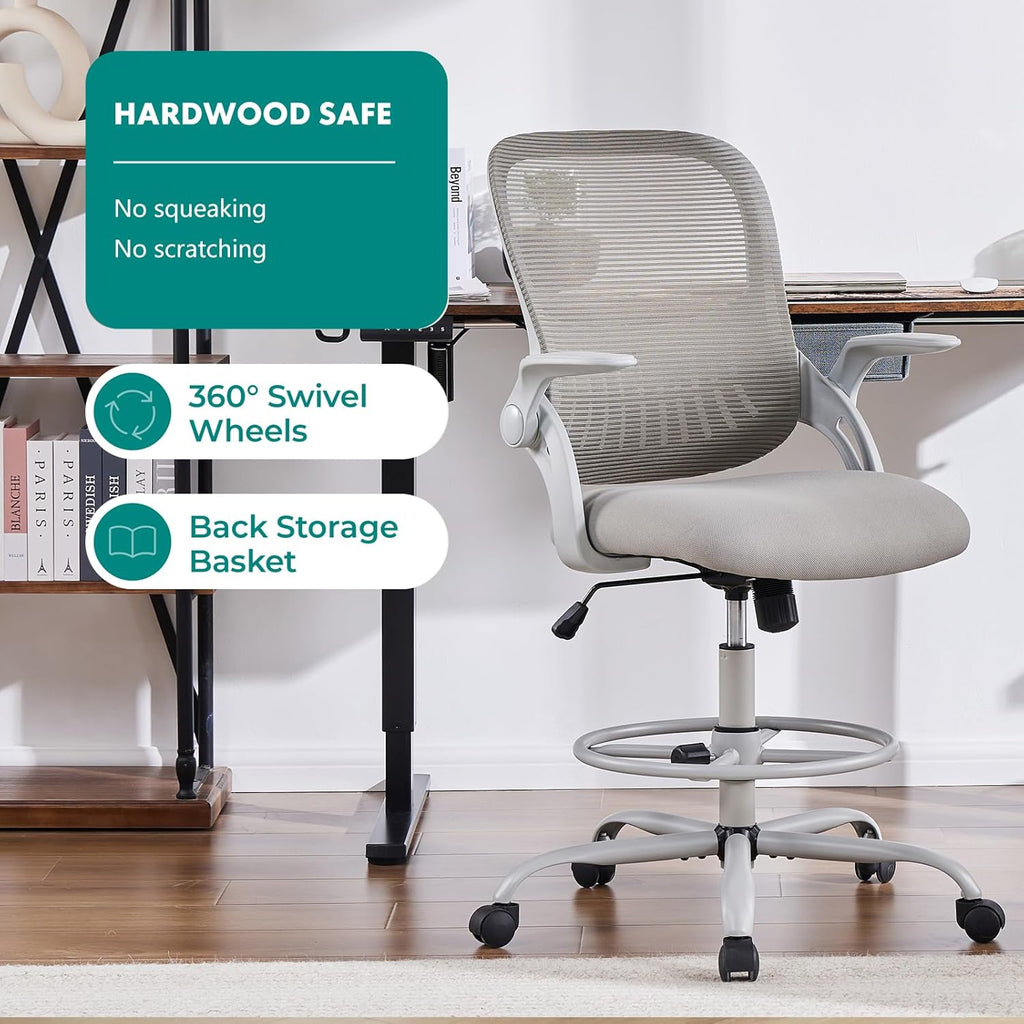 Drafting Chair for Standing Desk, Counter Height Adjustable, Flip-up Arms, Ergonomic Mid Back Mesh Rolling Work Swivel Office Computer Chairs with Wheels, Grey