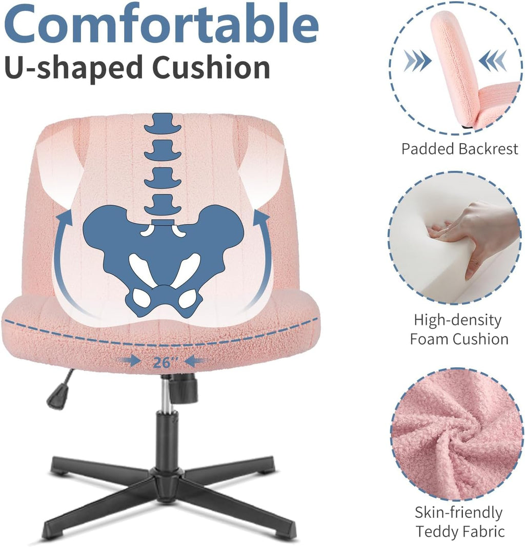 Criss Cross Chair No Wheels, Legged Office Desk Armless Chiar Wide Seat, Adjustable Swivel Teddy Fabric Task Vanity Chairs for Home Bedroom, Pink