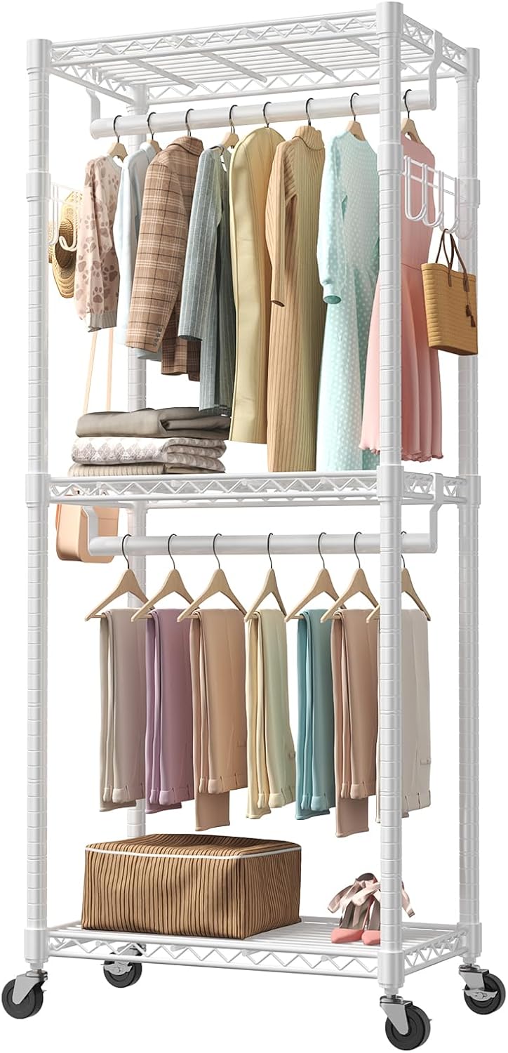 Portable Closet, Rolling Clothes Rack, 29 x 15 x 75 Wardrobe Closet with Adjustable Shelves, Metal Garment Rack with Lockable Wheel, for Cloakroom, Bedroom Storage, Laundry Room, Black