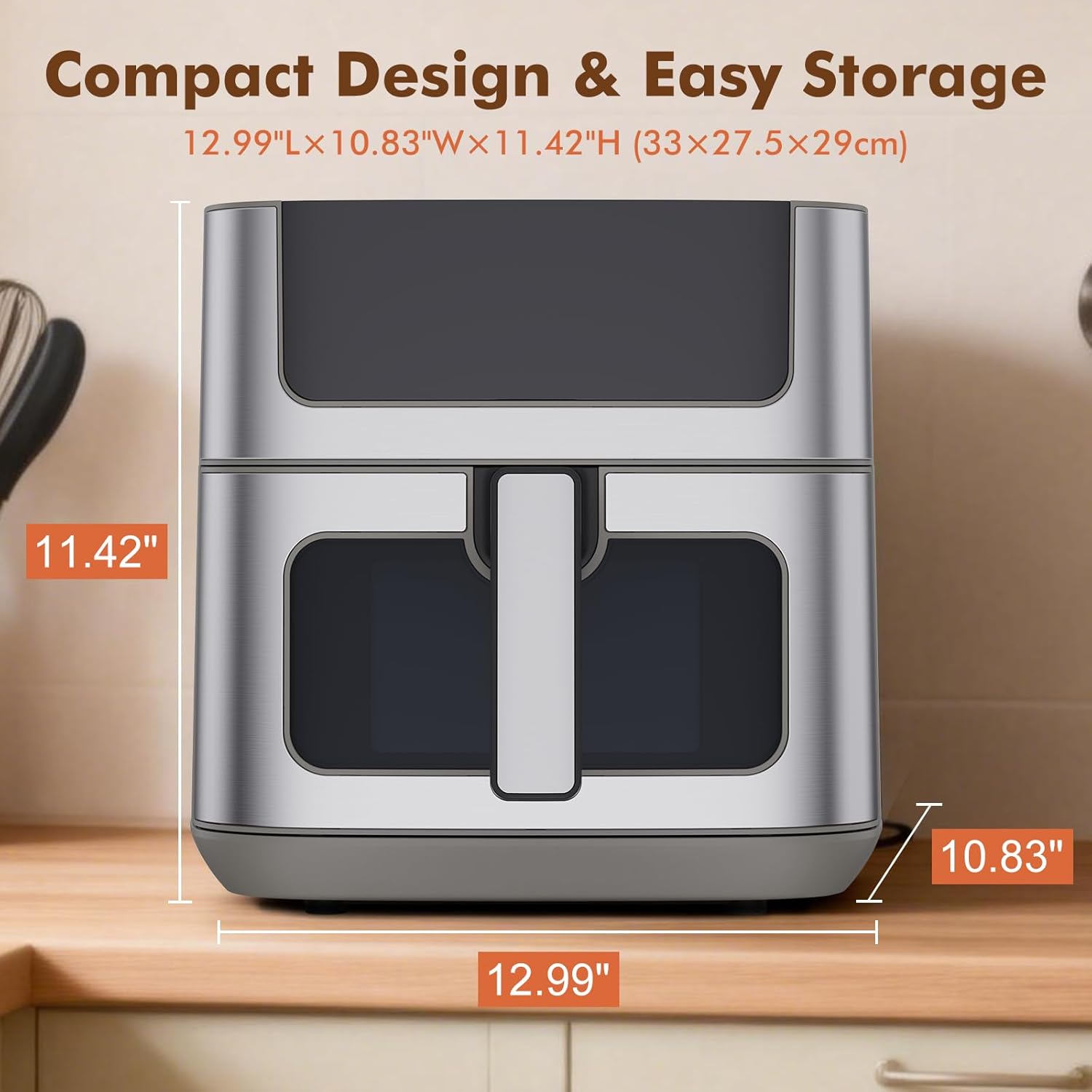 6.34QT Air Fryer with Window, 8 Food Presets with 400??F Max Heat, 90-Min Timer, Nonstick Dishwasher-Safe Basket for Air Fry, Roast, Reheat, Bake, Stainless Steel, Grey