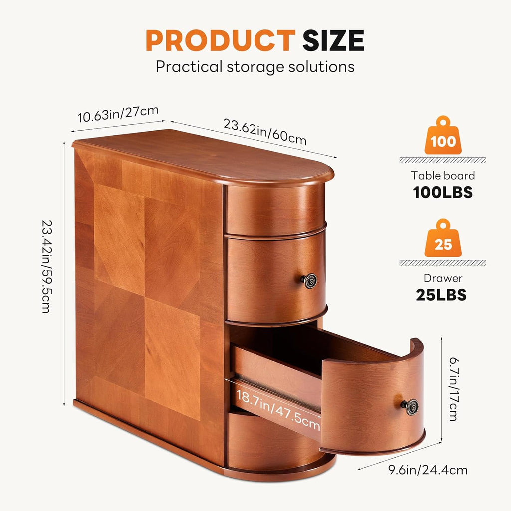 Side End Table with 2 Drawers, Tall Nightstand Vintage Bedside Tables No Assembly Night Stand with Curved Edge Storage Space Wood Sofa Slim Organizer for Living Room, Bedroom, Brown