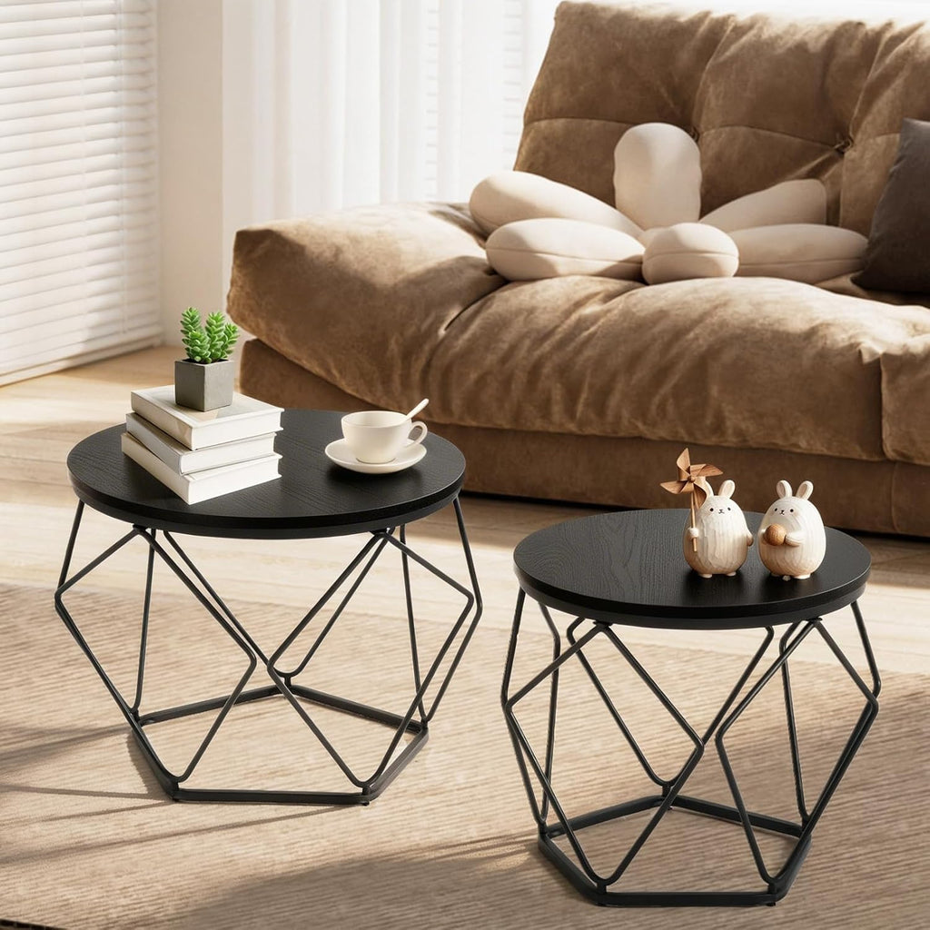 Modern Geometric Coffee Table Set of 2, Round Nesting Side Tables with Hidden Storage, Movable End Tables for Living Room Decor & Practical Use