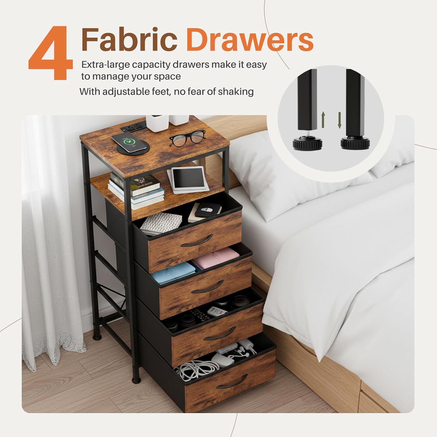Nightstands Set of 2 with Charging Station, Bedside Table with USB Ports & Type-C, 2 Fabric Drawers Night Stand with Open Shelf, Compact End Table for Bedroom, Rustic Brown