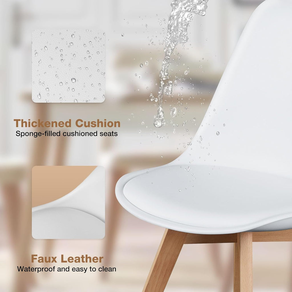 Modern Dining Chairs Set of 4, PU Leather Upholstered Kitchen Chairs with Wood Legs, Mid Century Accent Chairs for Living Room, Bedroom, Outdoor Lounge, White
