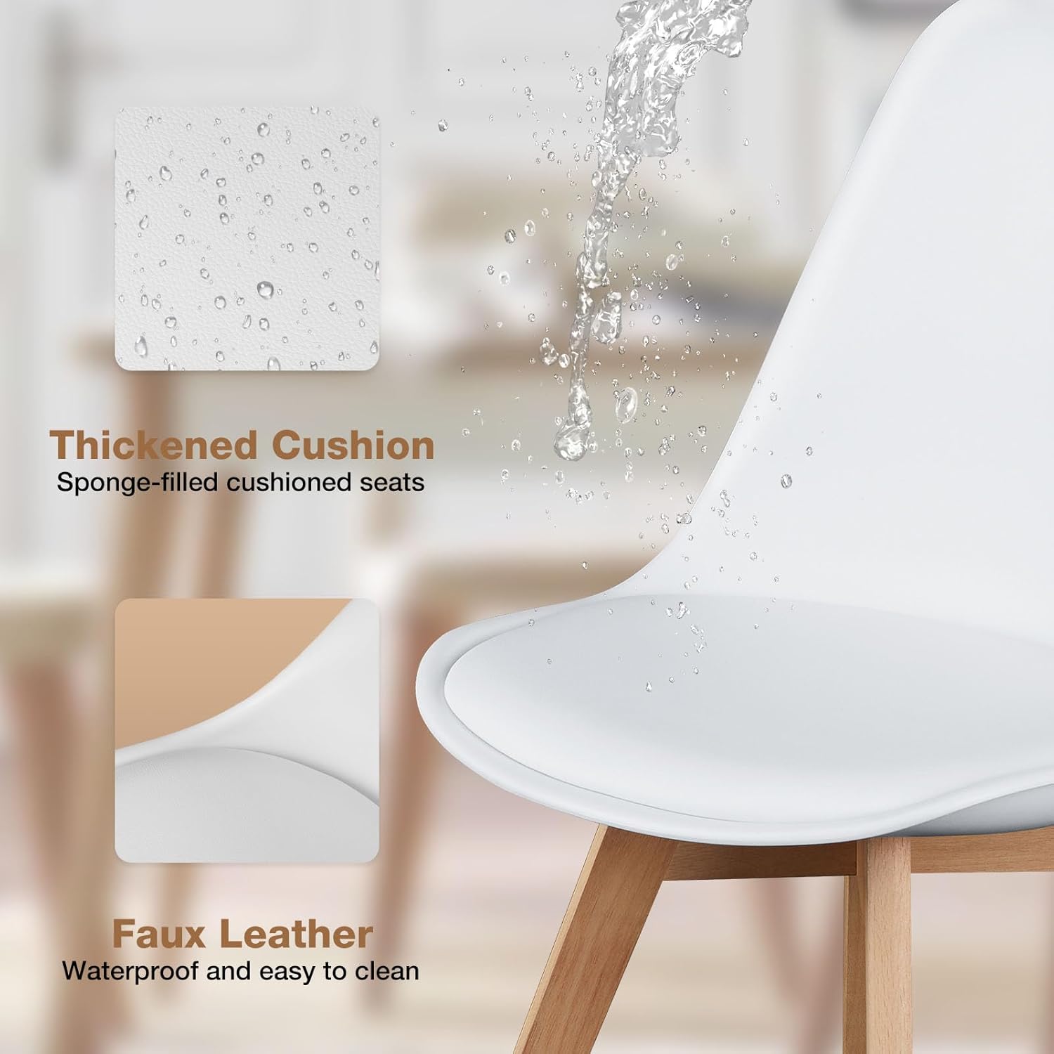 Modern Dining Chairs Set of 4, PU Leather Upholstered Kitchen Chairs with Wood Legs, Mid Century Accent Chairs for Living Room, Bedroom, Outdoor Lounge, White