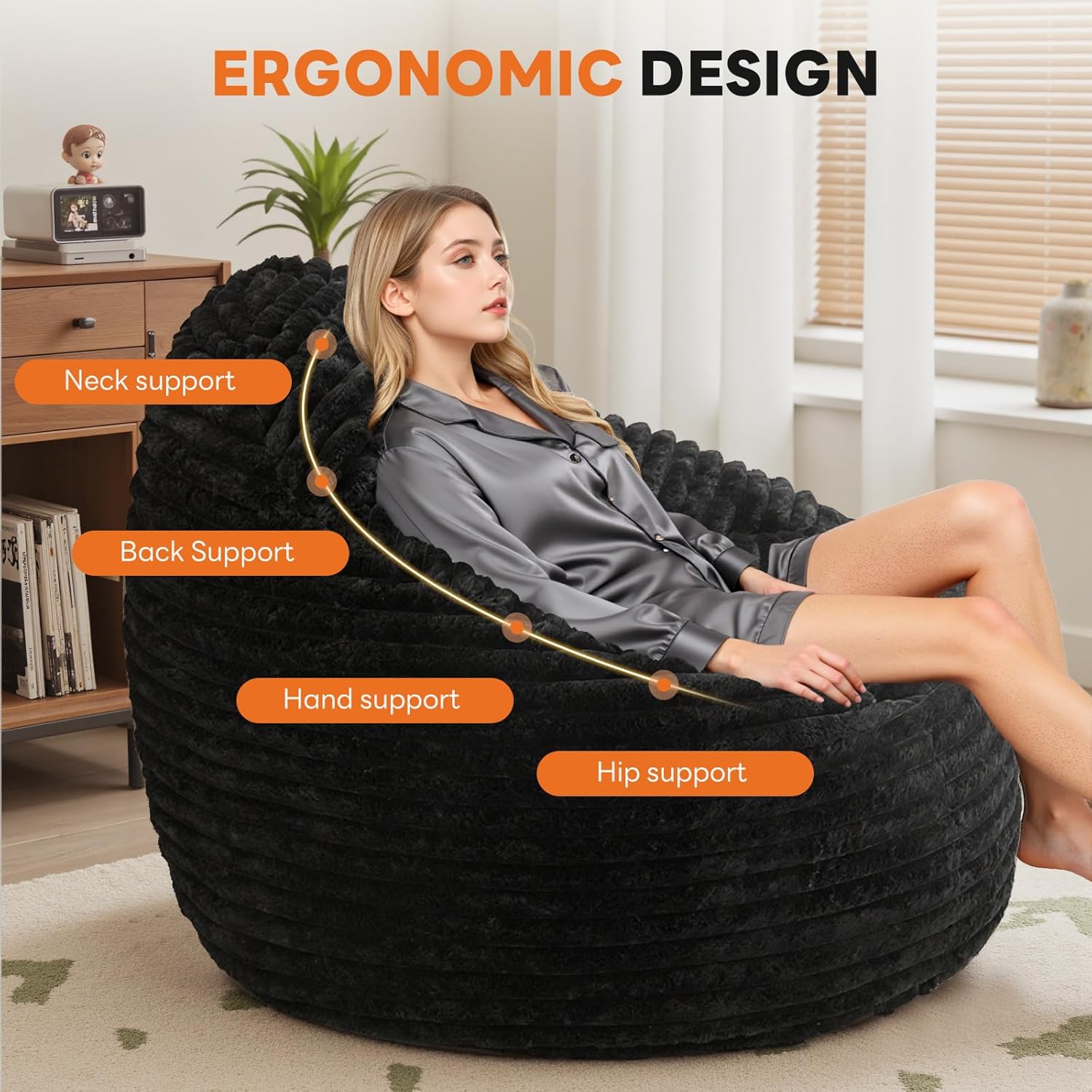 Bean Bag Chair, 39 Inch Bean Bags for Adults and Kids, Chair with Memory Foam Filled, Bean Bag Couch with Backrest and Armrests, Comfy Sofa for Living Room, Bedroom and Dorm, Black