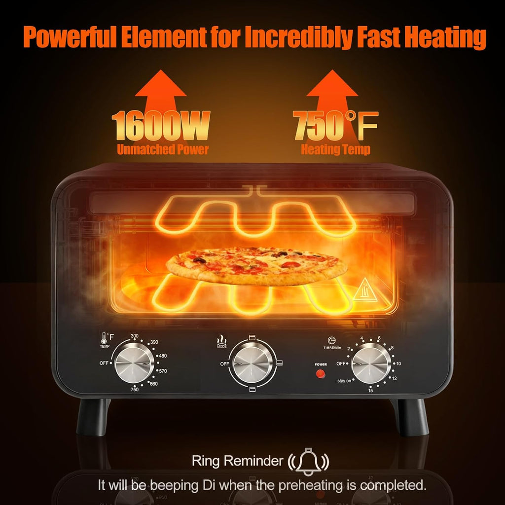 Pizza Oven Indoor, 1600W Electric Pizza Oven Fast Heating, 4 Modes Pizza Maker for 12 Inches, with Pizza Stone & Spatula, Upper-Bottom Independent Heating Temperature Control