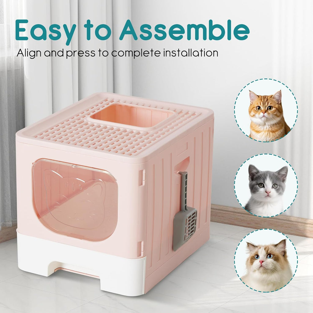Cat Litter Box with Lid, Large Foldable Cat Box with Litter Scoop, Front Entry Top Exit Kitty Litter Box with Door, Easy Cleaning Drawer Design Odor Control, Pink