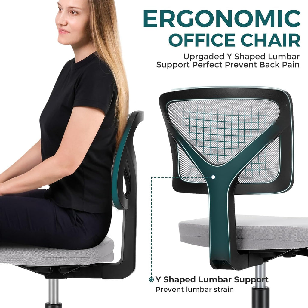 Small Office Chairs with Wheels, Ergonomic Adjustable Home Desk Swivel Rolling Task Chair No Arms, Comfy Mesh Mid Back Computer Work Vanity Desk Chairs for Small Spaces, New Grey