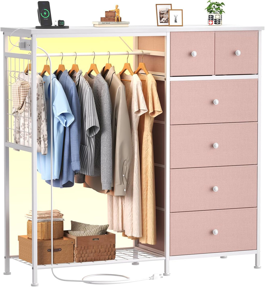 Dresser with Hanging Rack, 4-in-1 Fabric Dresser for Bedroom, Closet Organizer with Clothes Rack, Shoe Rack & Hooks, Tall Storage Tower for Small Spaces, Apartment, Dorm, Rustic Brown