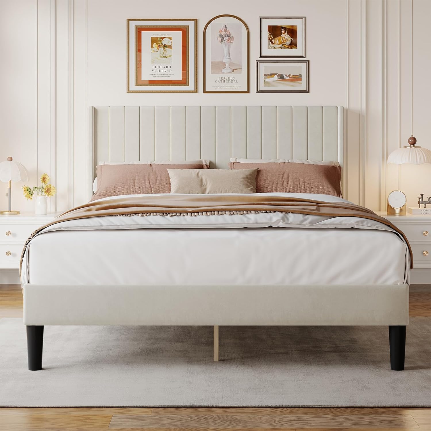 Queen Size Bed Frame with Modern Fabric Upholstered Wingback Headboard & Wooden Slats, 800lbs Capacity, No Box Spring Needed, Easy Assembly Upholstered Platform Bed, Beige