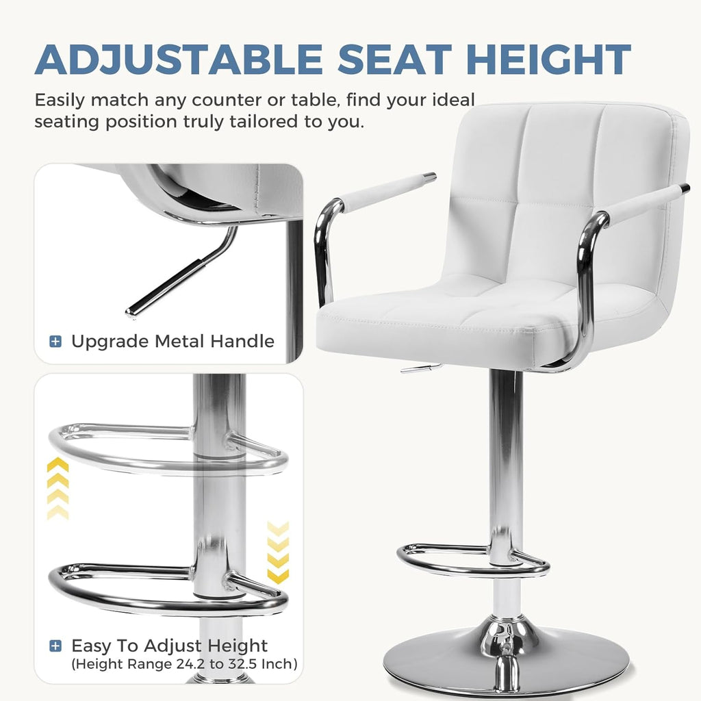 Bar Stools Set of 4, Adjustable Swivel Bar Chairs with Padded Armrests and Ergonomic Backrest for Kitchen Island Counter Pub Dining Room, Water-Resistant PU Leather, White