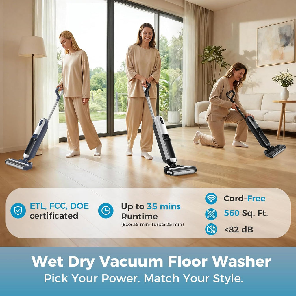 Wet Dry Vacuum Cleaner, Cordless All-in-One Vac Mops, Vacuum Mop with Self-Cleaning System, Dual Water Tank Design, Tangle-Free Brush, Dual-Edge Cleaning, 35-Min Runtime
