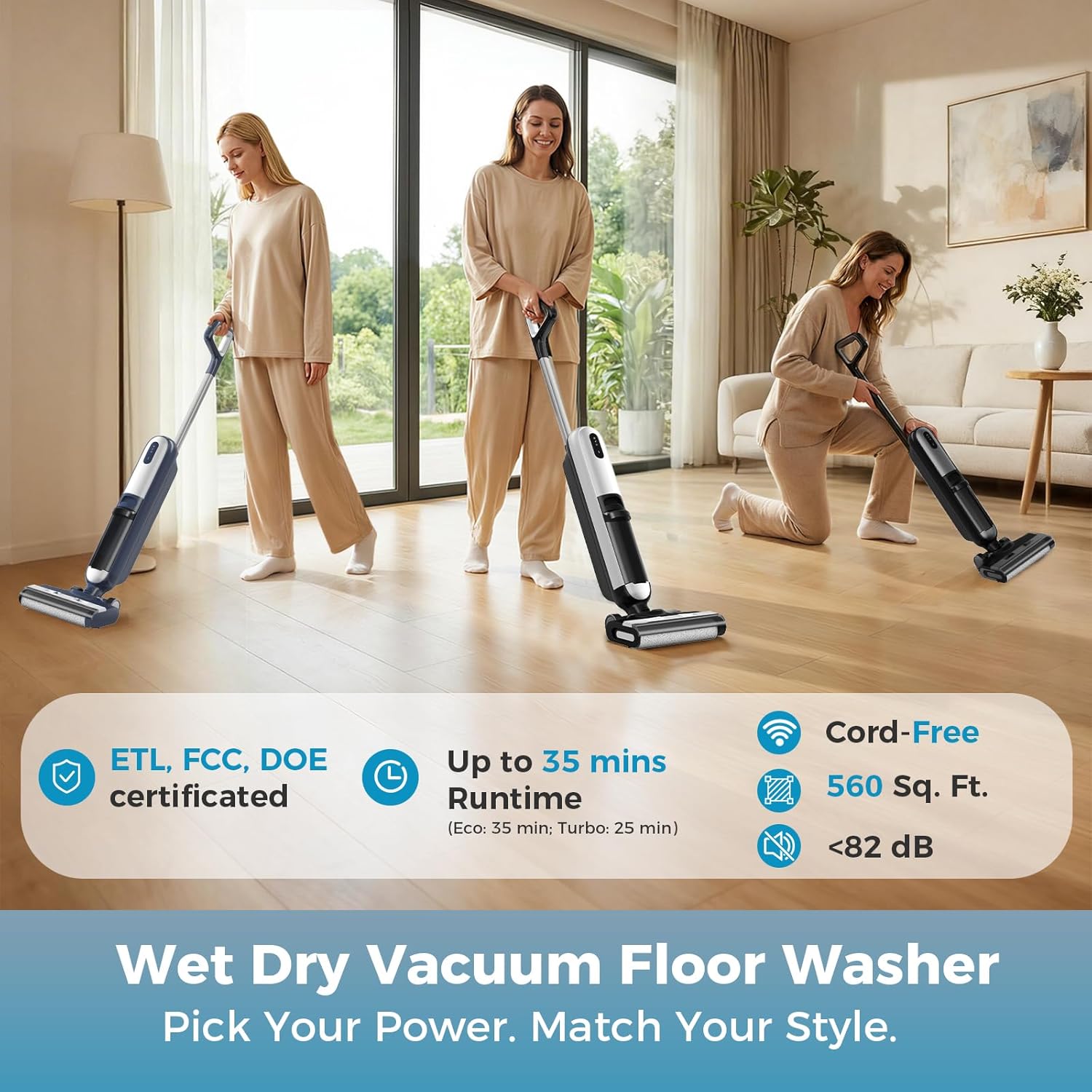 Wet Dry Vacuum Cleaner, Cordless All-in-One Vac Mops, Vacuum Mop with Self-Cleaning System, Dual Water Tank Design, Tangle-Free Brush, Dual-Edge Cleaning, 35-Min Runtime