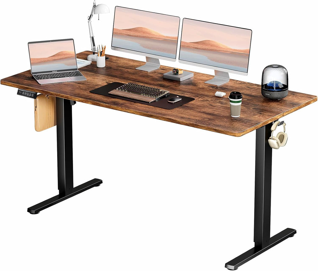 Electric Standing Desk Adjustable Height, 63x24 Inch Sit Stand Up Home Office Desks Memory Computer Workstation PC Work Table with Preset Splice Wood Board Metal Frame, Rustic
