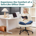 Criss Cross Legged Chairs Armless with Wheels Wide Seat Height Adjustable Swivel Padded PU Leather Home Office Desk Seating for Bedroom, Student, Study Room