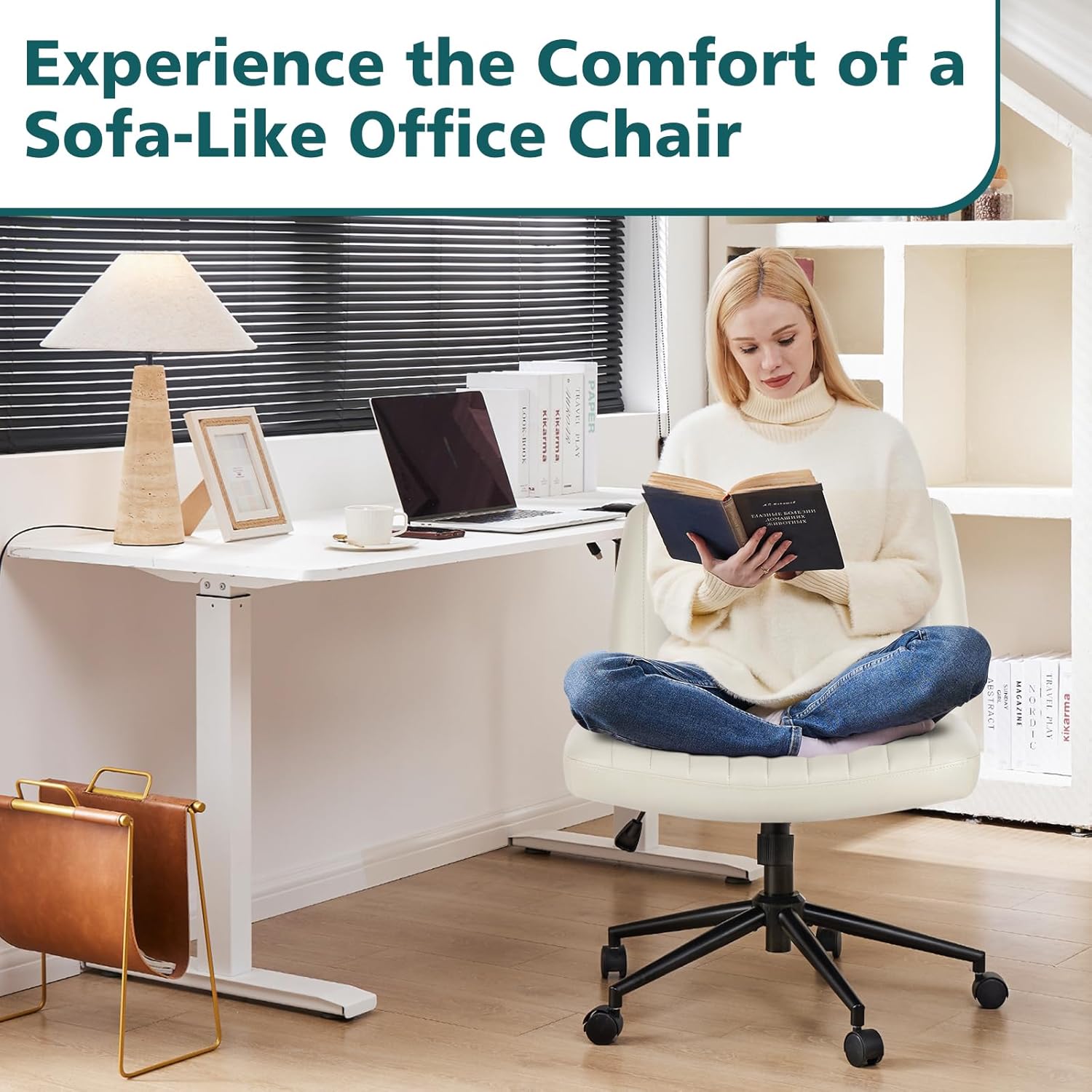 Criss Cross Legged Chairs Armless with Wheels Wide Seat Height Adjustable Swivel Padded PU Leather Home Office Desk Seating for Bedroom, Student, Study Room
