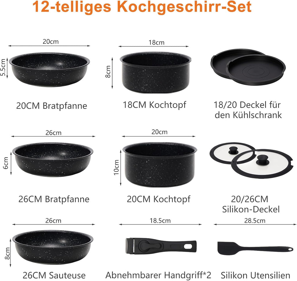 12 Pcs Pots and Pans Set, Nonstick Kitchen Cookware Set, Induction Cooking Sets Detachable Handle, Black