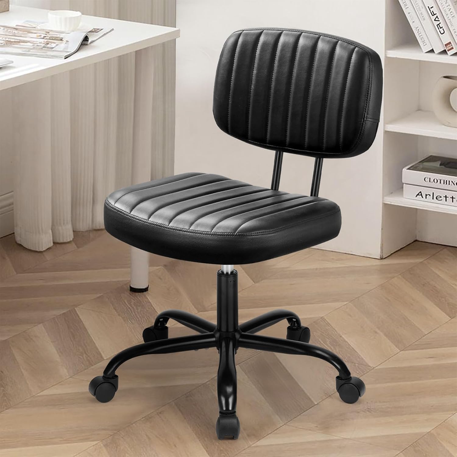 Home Office Desk Chair - Ergonomic Armless PU Leather Computer Rolling Task Chair??with Comfy Lumbar Support and Height Adjustable, Vanity, Bedroom, Pink