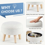 Round Storage Ottoman with Reversible Tray Lid, Multi-Functional Footrest, Teddy Velvet Footstool with Wood Legs, Small Coffee Table for Living Room, Bedroom, Beige