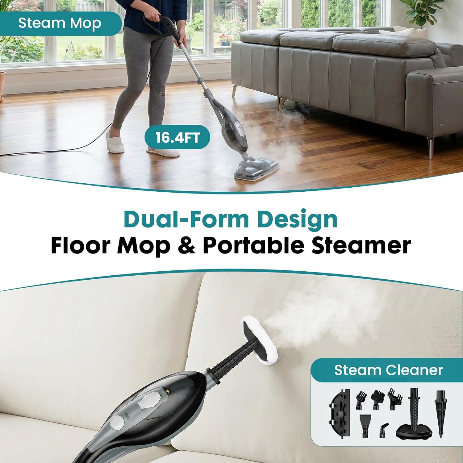 10-in-1 Steam Mop, 1550W Detachable Handheld Steam Cleaner for Floor Cleaning, 16FT Cord, 2 Washable Pads, Multi-Purpose Floor Steamer for Hardwood, Carpet, Tile, Grout, Windows, Black Grey