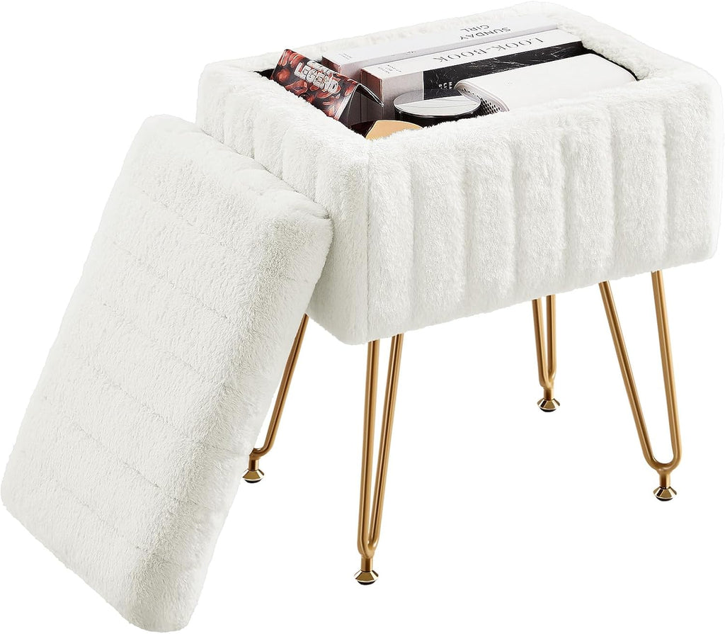 Vanity Stool Chair, Ottoman with Storage, Makeup Cute Soft Small Footstool, Modern Style Faux Fur Seat with 4 Metal Legs & Adjustable Feet for Dressing, Living Room Bedroom Dorm, Camel
