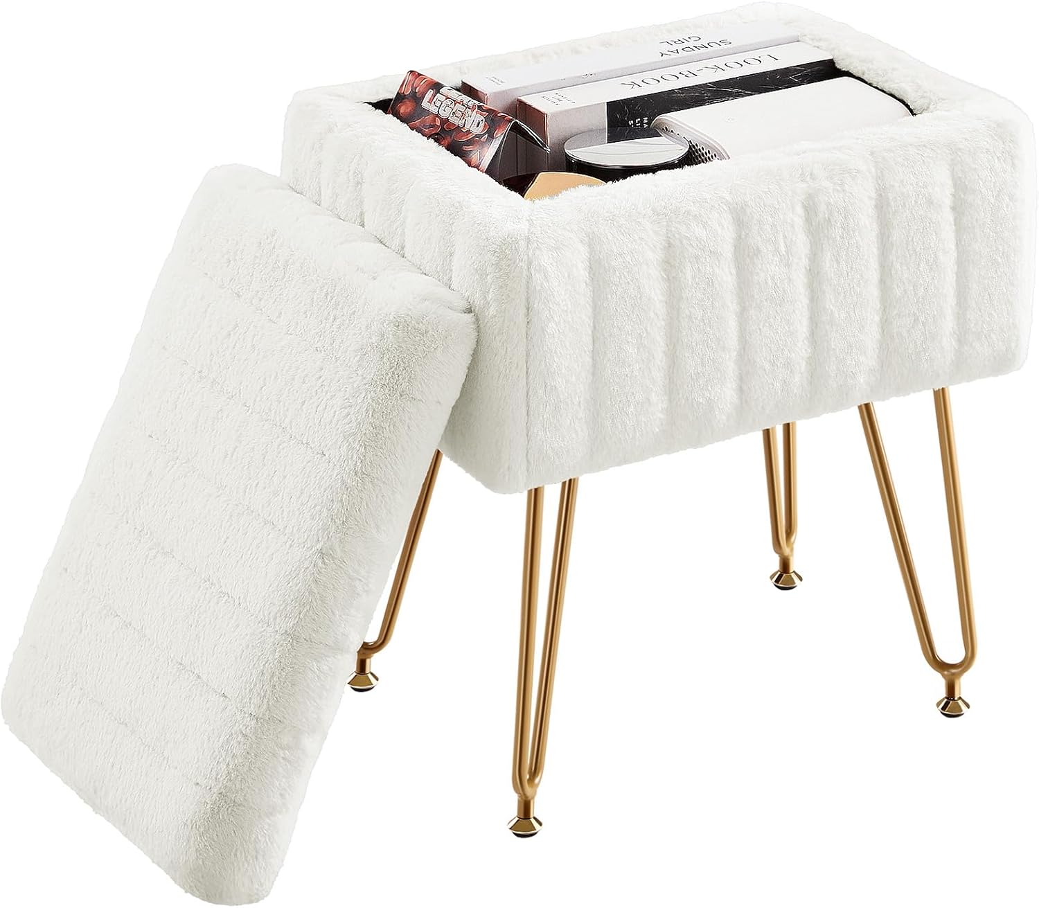 Vanity Stool Chair, Ottoman with Storage, Makeup Cute Soft Small Footstool, Modern Style Faux Fur Seat with 4 Metal Legs & Adjustable Feet for Dressing, Living Room, Bedroom, Dorm, Red