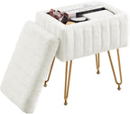 Vanity Stool Chair, Ottoman with Storage, Makeup Cute Soft Small Footstool, Modern Style Faux Fur Seat with 4 Metal Legs & Adjustable Feet for Dressing, Living Room, Bedroom, Dorm, Black